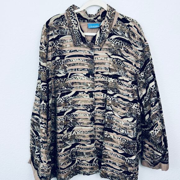 Liz & Me Women Button Front Jacket Blazer Sz 4X 100% Cotton Animal Print Tiered - Picture 1 of 6
